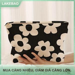 【LAKEBAO】 Màu vàng hoa in nhung Túi trang điểm trọng lượng nhẹ dây kéo trang điểm hộp lưu trữ túi đa chức năng với lớp lót