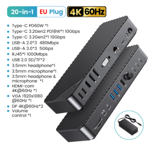ORICO 【Triple DIsplay】20 in 1 Desktop Docking Station Type C to 4K HDMI-Com VGA 3.5mm Audio RJ45 PD USB 3.0 HUB with Volume Adjust Power Adapter