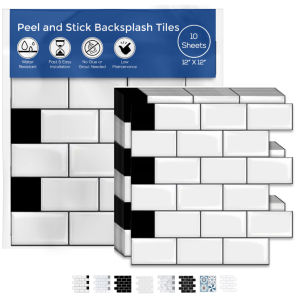 [10-sheet] Peel and Stick Tile Sticker | Backsplash for Kitchen Wallpaper Waterproof and Heat Resistant | Toilet Tiles = White on Black