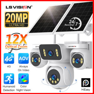 LS VISION 20MP 24/7 Recording Dual Solar Panel 4 Lens 4 Screen AOV 4G Solar CCTV Camera 12X Optical Zoom 14400mAh Batteries Human Tracking PTZ Camera Full Color Night Vision Outdoor Waterproof IP Cameras