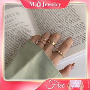 MQJEWELRY 4 pcs Women Rings Set Korean Ring Simple Fashion Pearl Geometric Accessories ings Set Cincin 韩国时尚套装珍珠戒指女 ins饰品