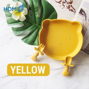 HOMIE Baby Silicone Suction Plate Spoon Fork Set 100%FoodGrade Silicone BearPlate Feeding Dinnerware