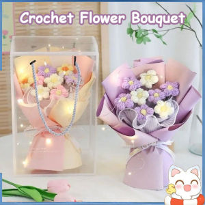 Crochet Flower Bouquet with Lights Hand Woven Graduation Bouquet Gifts for Teachers Day Birthday Wedding Decor