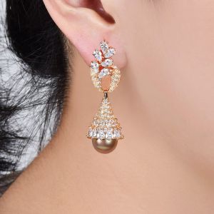 SEQUITO Natural Freshwater Pearl Drop Jewelry Pave Clear CZ Unique Long Dangle Earrings with Sterling Silver Pins for Women Engagement Wedding SE093