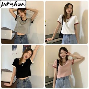 LuFashion Crop Tops for Women Contrasting Colors Korean Slim Summer Short Sleeve Casual T-Shirts