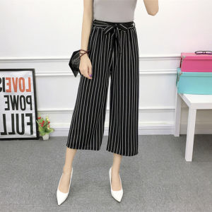 Fashion Summer High Waist Plaid Striped Belted Loose Palazzo Pants Office Ladies Trousers Wide Leg Pants for women