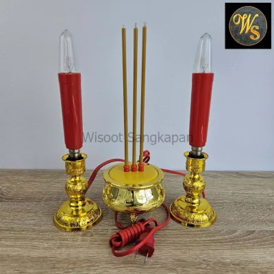 Wisoot ชุด กระถางธูป-เทียนไฟฟ้า ธูป ไฟฟ้า 3 ดอก เทียนไฟฟ้า (หลอดเทียนยาว มี 2 สีให้เลือก) Incense Candles and Candle Holder