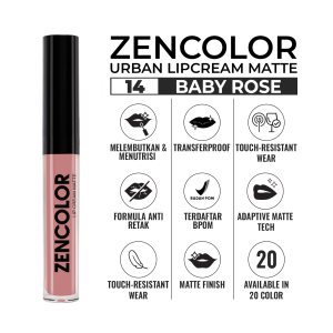 ZENCOLOR Urban Lipcream Matte Viral No. 14 Baby Rose| 20 Warna BPOM | Transferproof | Tahan 20 Jam