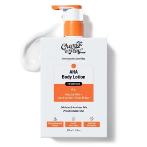 Chuyên gia hóa học tại Play AHA Body Lotion với 5% AHA tự nhiên Niacinamide bơ hạt mỡ    Để loại bỏ tế bào da khô và chết nuôi dưỡng sâu và mang lại làn da rạng rỡ.    Kem dưỡng da AHA    236ml