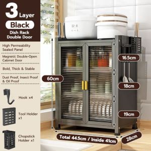 WAHA 【COD-Gift chopsticks holder knife holder hook】 2/3-Tier dishes storage rack cabinets dish drying rack with cover Kitchen Dish Rack with Drainer Dish Organizer厨房碗碟柜