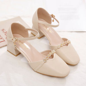 รองเท้าแตะผู้หญิงหัวแหลมเรียบหรู รองเท้ากลวง ส้นหนา รองเท้าส้นสูงสไตล์นางฟ้าอเนกประสงค์ ราคาส่ง