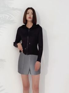Miyake Women Sun-Proof Zipper Pleated Solid Color Hooded Long Sleeve Cardigan Jacket #20240685