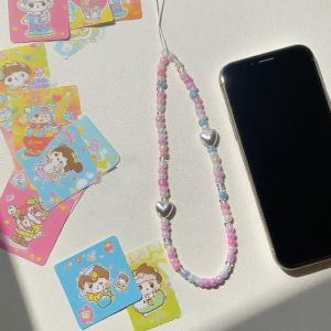 Handmade Beaded Phone Straps Dainty Heart Pearl Ribbon Bow Y2K Style Pretty Keychain Accessory