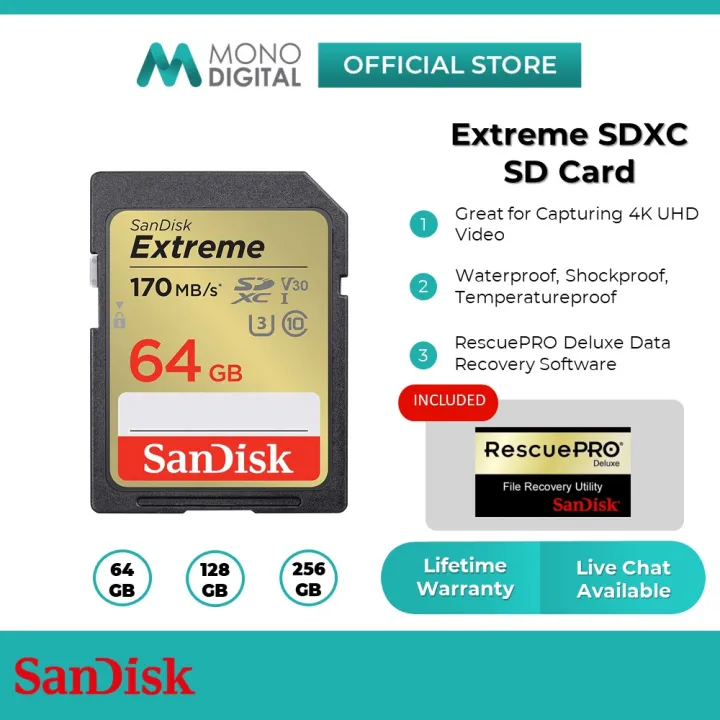 SanDisk Extreme SD Card Up To 180MB/s U3 4K UHD Class 10 SDHC/SDXC Memory Card V30 (16GB/32GB/64GB/128GB)