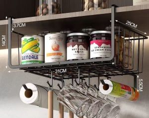 ตะกร้าแขวนตู้ในครัว ตะกร้าเหล็กวางของ แบบเกี่ยวใต้ตู้ ใต้โต๊ะ เพิ่มพื้นที่เก็บของ ใช้งานง่าย ที่แขวนใส่ของ ตะกร้าแขวนเก็บของอเนกประสงค์