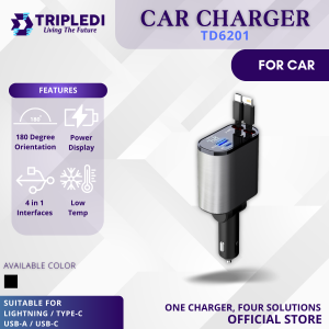 Car Charger 4IN1 Kabel USB Type C PD Fast Charging 100W TRIPLEDI Cable Lightning QC3.0 Retractable For IOS Android Huawei TD6201 Adjustable