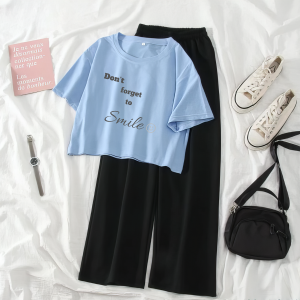 Baju 1 Stel Untuk Remaja Usia 13-19 Tahun Crop Top Big Size Dan Celana Kulot Dont forget Smile