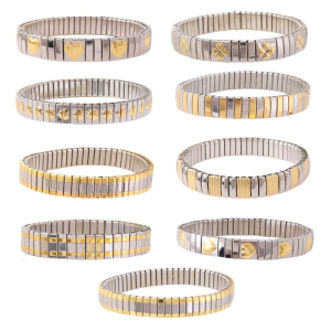 Jewelry Stainless Steel Stretch Bracelet for Women Flexible Wide Wristband Bangle Bracelets Decorated Golden Pattern