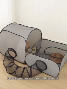 Foldable Cat Tent with Tunnel Breathable Polyester Cat Cage Indoor Outdoor Playpen for Cats & Small Dogs