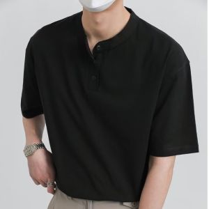 Summer Ice Silk Stand Collar polo Mens Summer Slim Fit Casual Short Sleeve Shirt Student Stylish Collarless Pure Short Sleeve T T-shirt