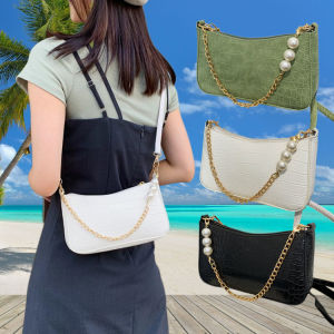 กระเป๋าสะพายไหล่ กระเป๋าสะพายไหล่ผู้หญิง กระเป๋าหนังฝรั่งเศสย้อนยุค ลายจระเข้ ประดับมุกและโซ่ กระเป๋าสะพายไหล่หญิง