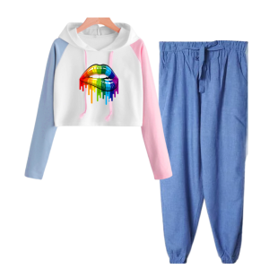 Joy Sana BAJU SETELAN WANITA SWEATER CROP RAINBOW DAN CELANA PANJANG KAIN