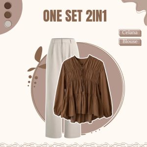 One Set Casual Wanita Kekinian (Mireya Blouse - Celana - Jilbab) Setelan Remaja Mahogany HO133M