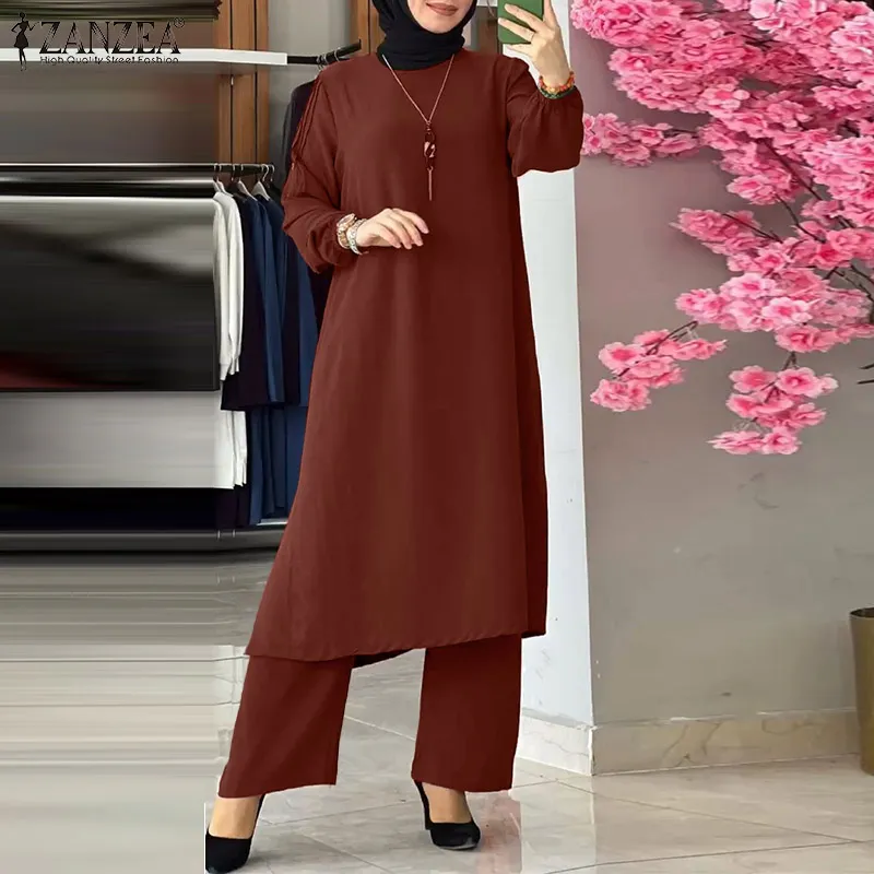 Islamic Women Casual Long Sleeve Blouse Tops Pants Two Piece Set Muslim  Outfits
