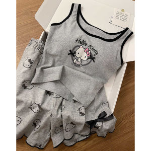 2 Piece Sets Miniso Sanrio Hellokitty Casual Pajamas Suit Sleeveless Pad Tops Shorts Girls Bowknots Grey Sleepwear Women Clothes