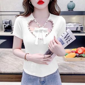 2024 Summer Womens Fashion Trend Slimming Solid Color Love Bead Hollow out Versatile Western V-neck Short Sleeve T-shirt