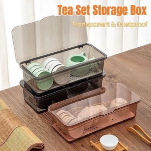Tea Set Storage Box with Lid Transparent Dustproof Drainer Plastic Tableware Box Spoon Chopstick