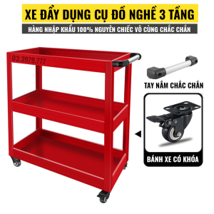 Xe đẩy dụng cụ đồ nghề 3 tầng có tay cầm và bánh xe xoay 360 độ dễ dàng di chuyển
