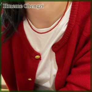 Hmeme Fashion Exquisite Red Agate Natural Stone Round Beaded Necklaces For Women Girls Light Luxury Clavicular Chain Jewelry Accessory
