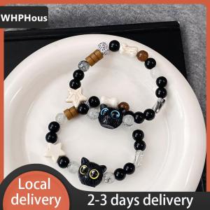 [COD] WHPHous Ship within 24 hours Cute Black Cat Beaded Bracelet For Women Men Black White Beads Cartoon Animal Couple Bracelet Trendy Jewelry Lovers Gift