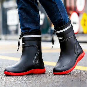 Mens Drawstring Mid Calf Rain Boots Waterproof Anti-Slip Durable Work Commute Shoes