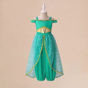 Jasmine Cosplay Dress Girls Childrens Day School Stage Performance Clothes Set Kids Green Sequin Tulle Princess Outfits