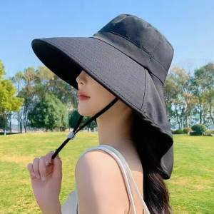 Women Wide Brim Sun Hat with Neck Flap UV Protection Adjustable Windproof Outdoor Bucket Hat