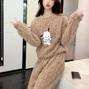 GOOTRADES Pochacoo Pajamas Set Women Cartoon Velvet Flannel Sleepwear Suit Sweet Long Pants Winter Thicken Nightwear Autumn Winter
