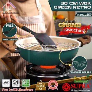 SUPRA New Wok set white marble 30cm green retro series anti lengket / wajan penggorengan + peniris + sodet