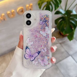 Glitter Quicksand Butterfly Luminous Case for iPhone 16 15 14 Pro Max Plus 12 13 11 X Xr Xs 7 8 Bling Shockproof Soft TPU Cover