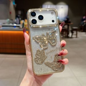 Korean Plating Glitter Diamond Butterfly Plated Edge Soft Phone Case For iPhone 17 16 15 14 13 12 11 Pro Max 14 15 16 Plus 17 air Bling Rhinestones Shockproof Shell Back Cover