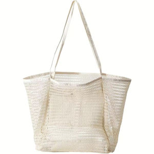 Summer Beach Bag Hollow Out Womens Shoulder Tote Bag Large Capacity Foldable Mesh Swim Bag Sandproof Handbag for Beach Street Travel