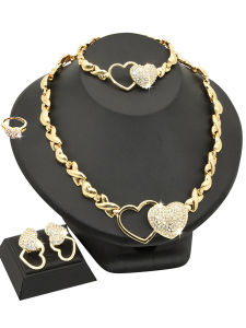 【品质精选】18k迪拜金LOVE心形首饰套装 印度女士项链耳环戒指手链流行饰品