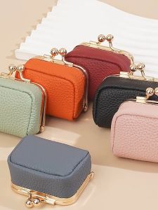 Genuine Leather Kiss Lock Coin Purse Square Solid Color Leather Jewelry Bag Mini Multifunctional Small Item Bag Woman Girl
