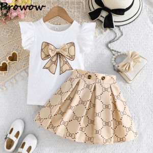 Prowow Girl School Outfit Flutter Sleeve Front Bow T-shirt and Vintage Printed Skirt Summer 2pcs Set For Children Clothing Girls2026