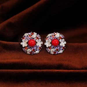 SEQUITO Palace Style Ladies Clothing Accessories Micro Pave Multicolor Zirconia Dimensional Flower Stud Earrings Lustrous Bead Business Gala Dinner Jewelry SE1047