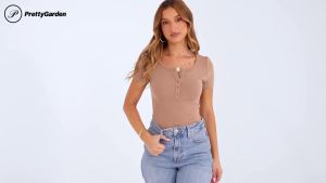 PRETTYGARDEN  Womens  2025  Autumn Summer Short Sleeve Top Ribbed Henley Button Slim Fit Basic Casual  T  Shirt Clothing
