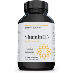 Smarter Nutrition 5000IU D3 with K2 Vegetarian Softgels 60 Count Plant Sourced Oral Supplement for s Daily Mineral Absorption & Year-Round Immune Wellness Maintenance