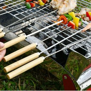 Luckylkh2- 10 Pcs Stainless Steel Barbecue Skewers Needle Wooden Handle Stick For Camping