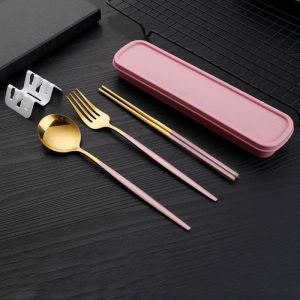 (Thick Material Ready Stock) Chrome Coated 304 Stainless Steel Reusable Spoon Fork Chopstick Portable Travel Set Cutlery Box (Free Carier Holder)